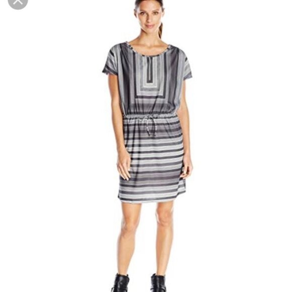 Prana Lindy Blue White Black Drawstring Geo Print Casual Shift Dress Size Medium - Picture 1 of 7